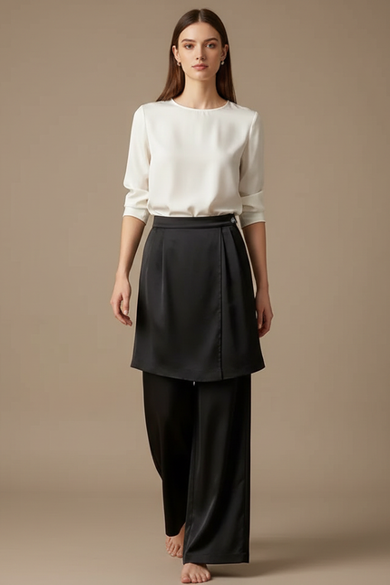 Pantalon Jupe Noir Satin Fluide Superposé Élégant