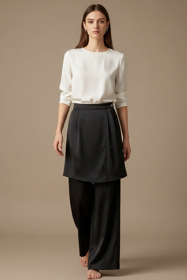 Pantalon Jupe Noir Satin Fluide Superposé Élégant