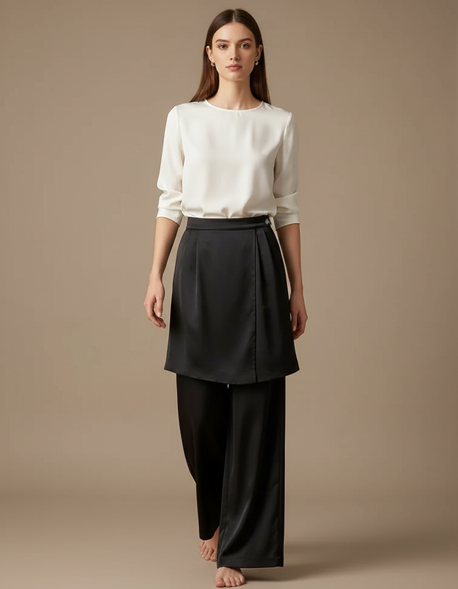 Pantalon Jupe Noir Satin Fluide Superposé Élégant