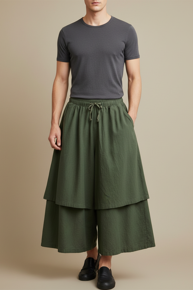 Pantalon Jupe Vert Militaire Ample Superposé Lin - Kaki