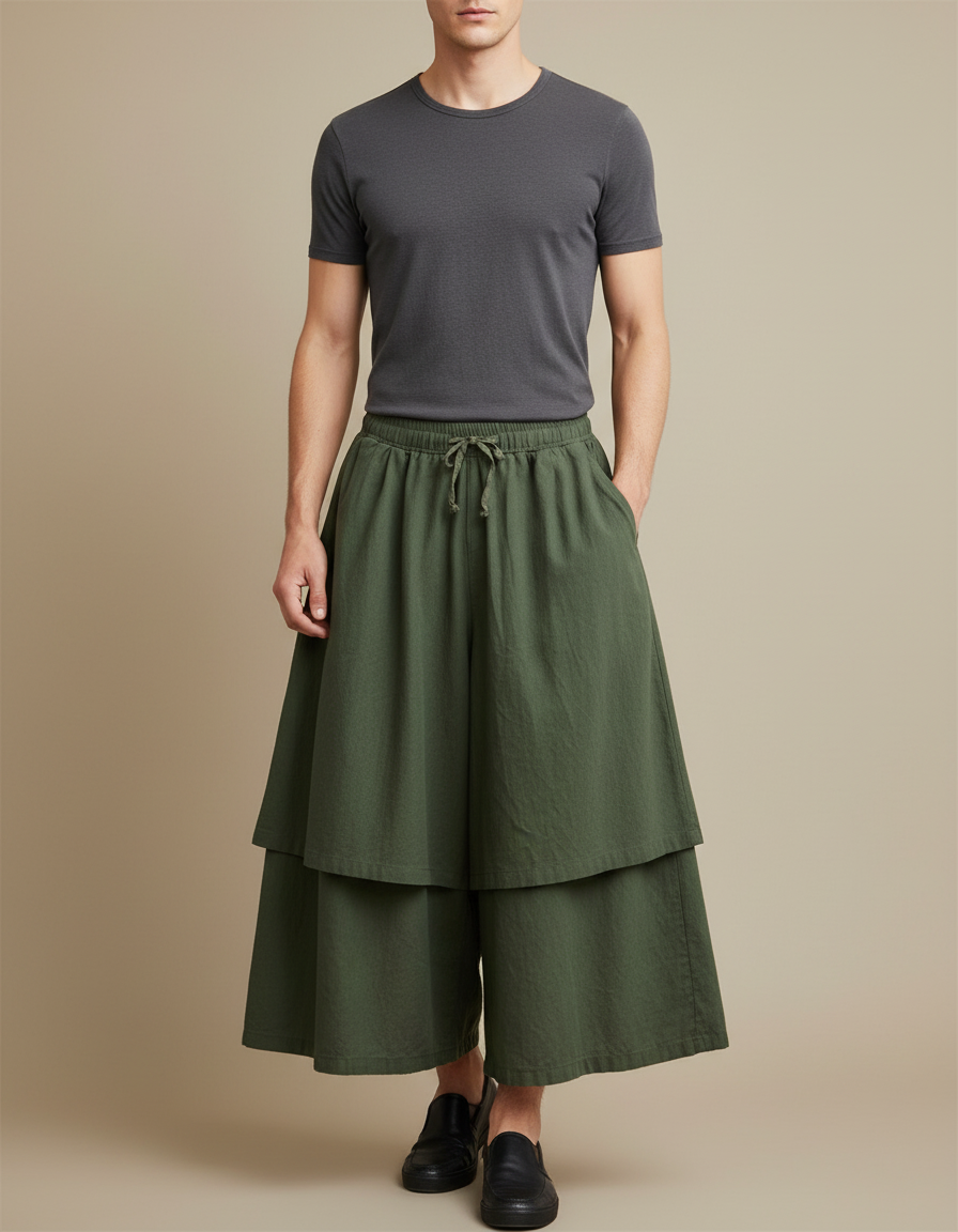 Pantalon Jupe Vert Militaire Ample Superposé Lin - Kaki
