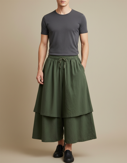 Pantalon Jupe Vert Militaire Ample Superposé Lin - Kaki