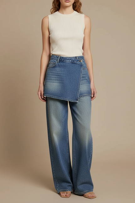 Pantalon Jupe Jean Bleu Large Déstructuré Décontracté