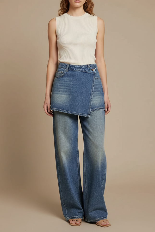 Pantalon Jupe Jean Bleu Large Déstructuré Décontracté