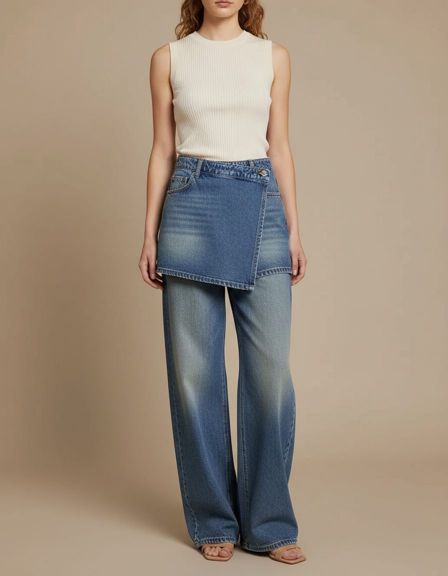 Pantalon Jupe Jean Bleu Large Déstructuré Décontracté