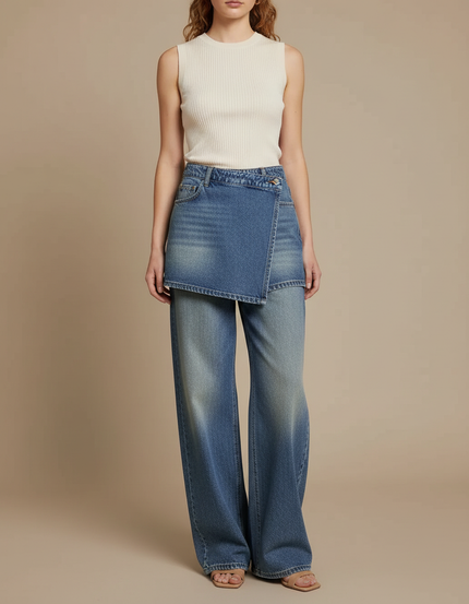 Pantalon Jupe Jean Bleu Large Déstructuré Décontracté