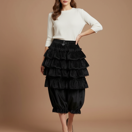 Pantalon Jupe Noir Volants Dentelle Velours Doux Élégant