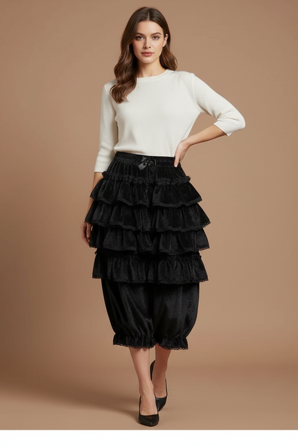 Pantalon Jupe Noir Volants Dentelle Velours Doux Élégant