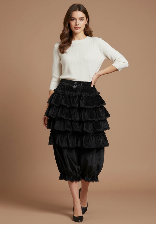 Pantalon Jupe Noir Volants Dentelle Velours Doux Élégant