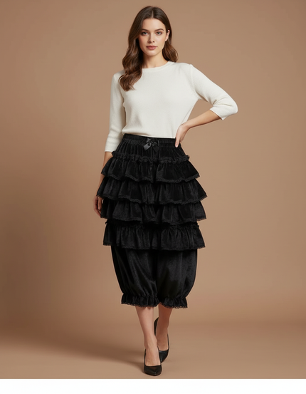 Pantalon Jupe Noir Volants Dentelle Velours Doux Élégant