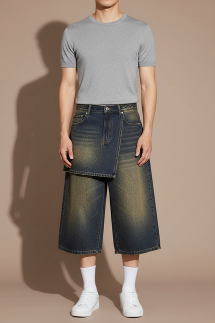 Pantalon Jupe Denim Effet Usé Ample Superposé - Bleu Jean