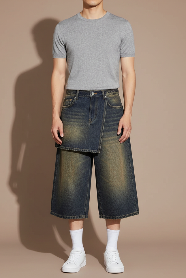 Pantalon Jupe Denim Effet Usé Ample Superposé - Bleu Jean