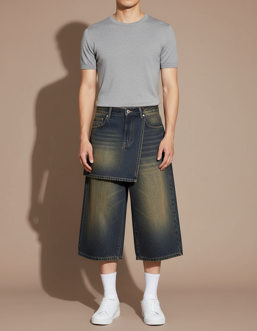 Pantalon Jupe Denim Effet Usé Ample Superposé - Bleu Jean