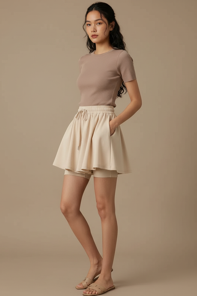 Pantalon Jupe Beige Plissé Ample Décontracté Fluide - Polyester