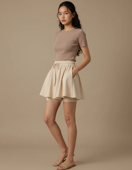 Pantalon Jupe Beige Plissé Ample Décontracté Fluide - Polyester