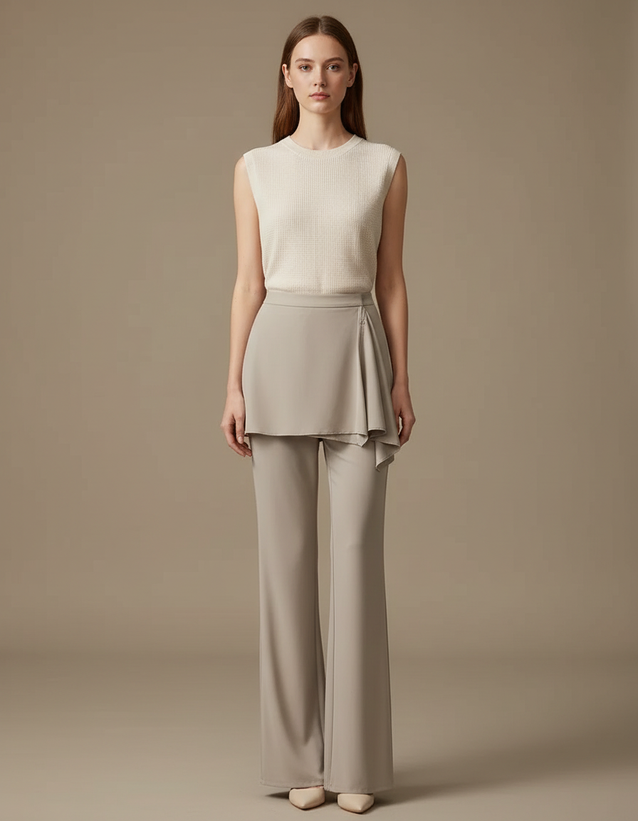 Pantalon Jupe Beige Drapé Fluide Élégant Moderne - Polyester