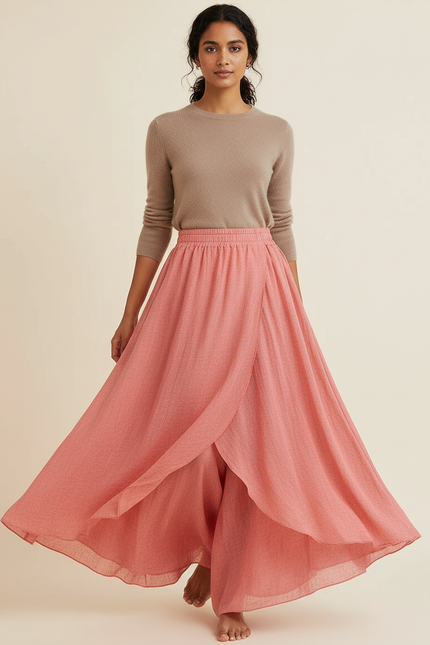 Pantalon Jupe Rose Ample Fluide Superposé Élégant - Viscose