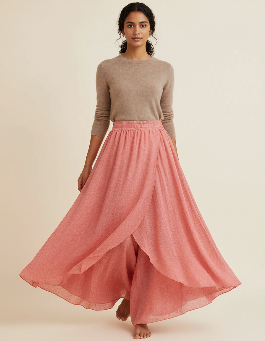 Pantalon Jupe Rose Ample Fluide Superposé Élégant - Viscose
