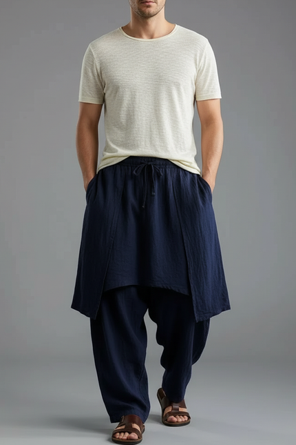 Pantalon Jupe Ample Coton Lin Bleu Marine