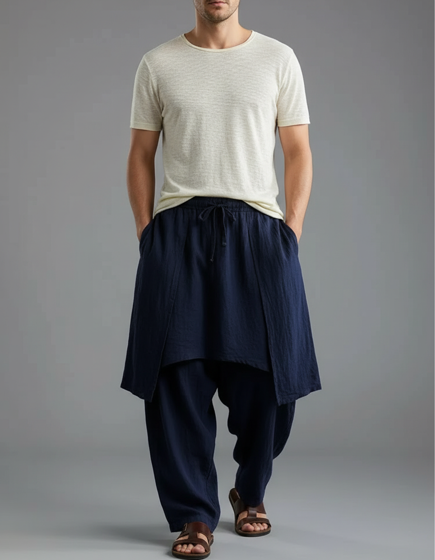 Pantalon Jupe Ample Coton Lin Bleu Marine