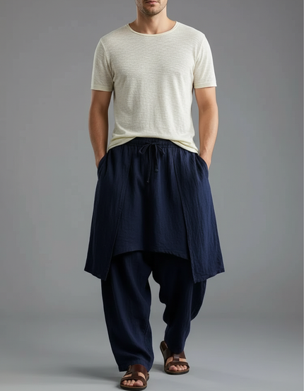 Pantalon Jupe Ample Coton Lin Bleu Marine