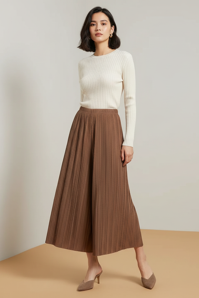 Pantalon Jupe Marron Plissé Fluide Élégant Ample - Maille