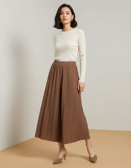 Pantalon Jupe Marron Plissé Fluide Élégant Ample - Maille