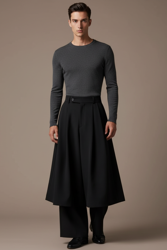 Pantalon Jupe Noir Plissé Ample Superposé Masculin - Polyester