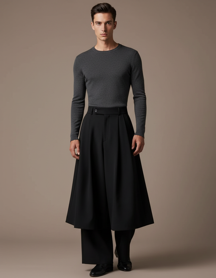 Pantalon Jupe Noir Plissé Ample Superposé Masculin - Polyester