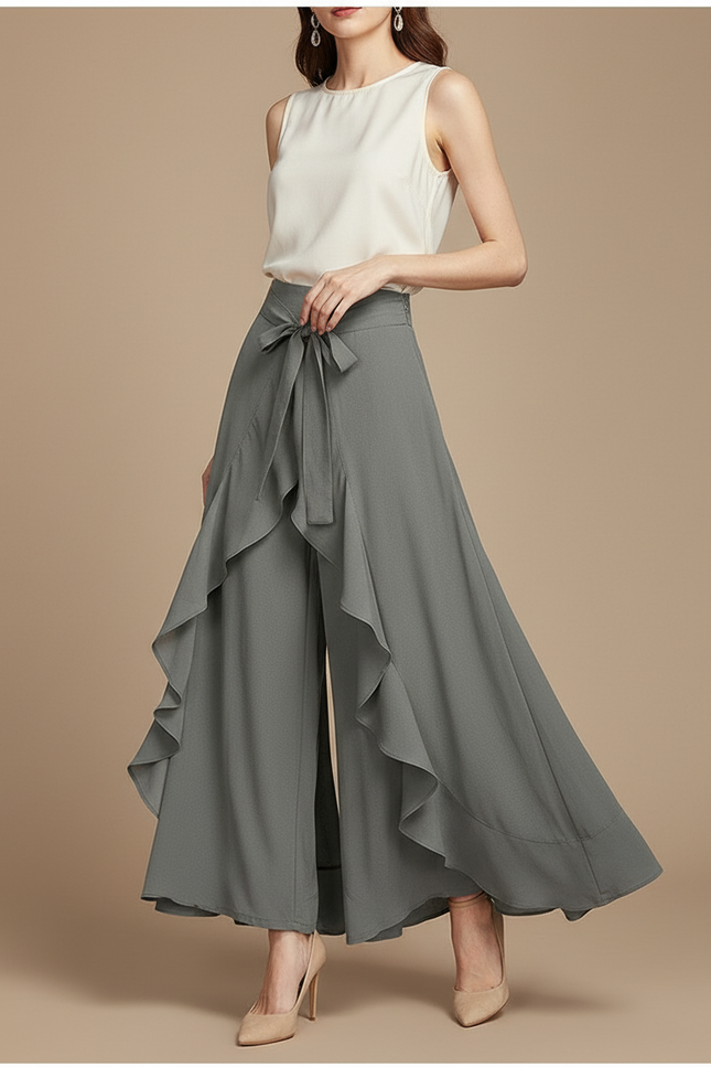 Pantalon Jupe Gris Fluide Volants Élégant Ceinturé - Polyester