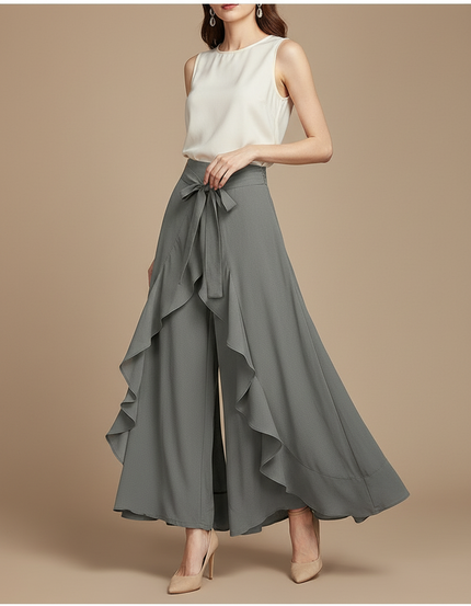 Pantalon Jupe Gris Fluide Volants Élégant Ceinturé - Polyester