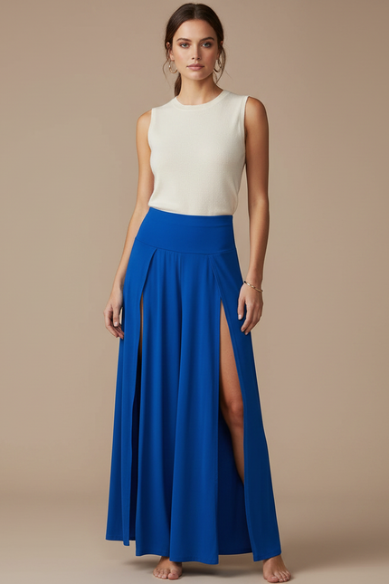 Pantalon Jupe Bleu Royal Fendu Fluide Longue Sexy - Polyester