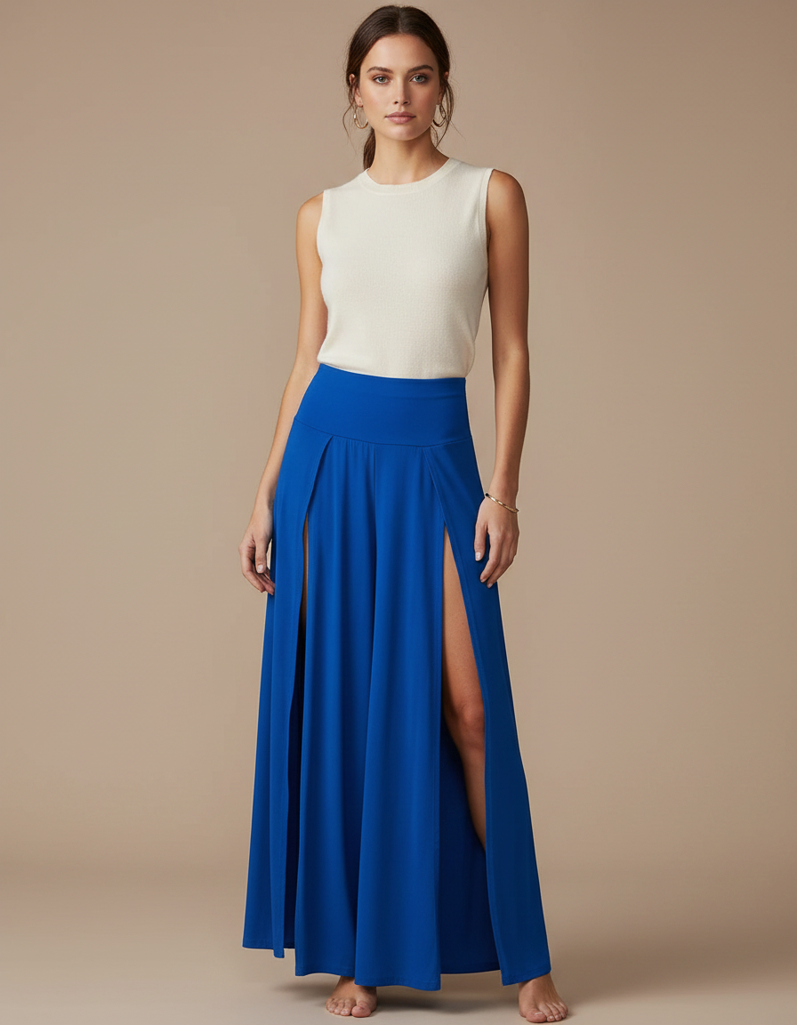 Pantalon Jupe Bleu Royal Fendu Fluide Longue Sexy - Polyester
