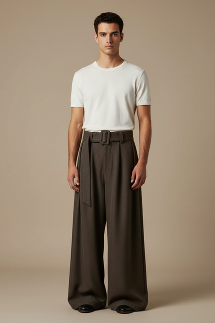 Pantalon Jupe Marron Ample Plissé Ceinturé Homme Décontracté - Laine