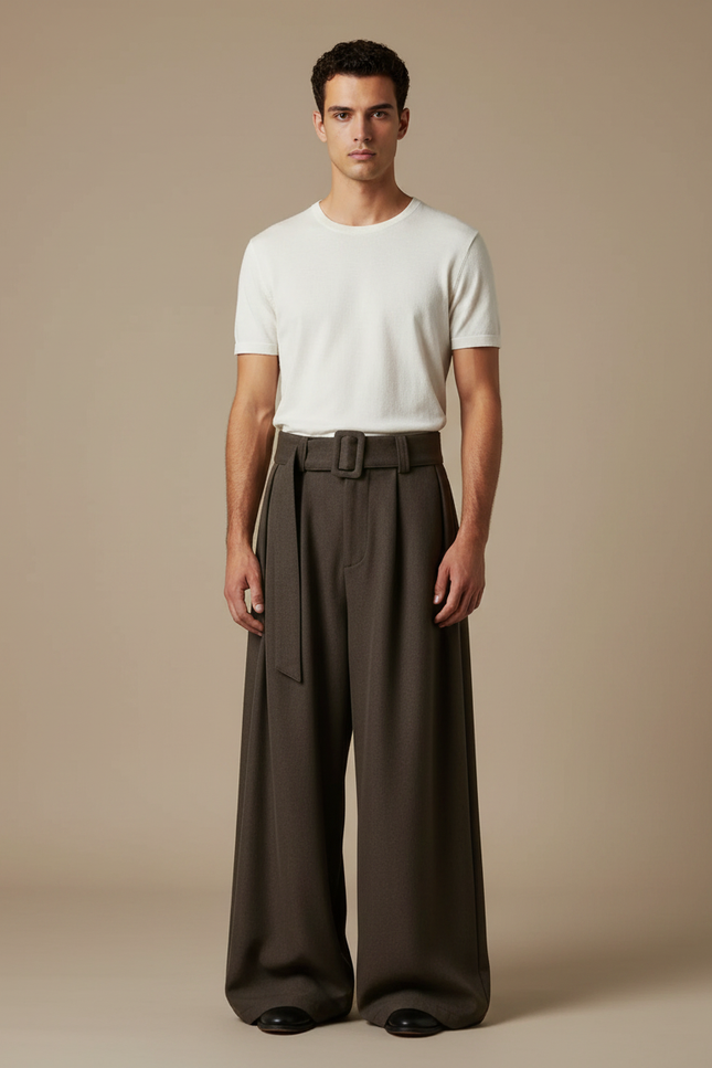 Pantalon Jupe Marron Ample Plissé Ceinturé Homme Décontracté - Laine