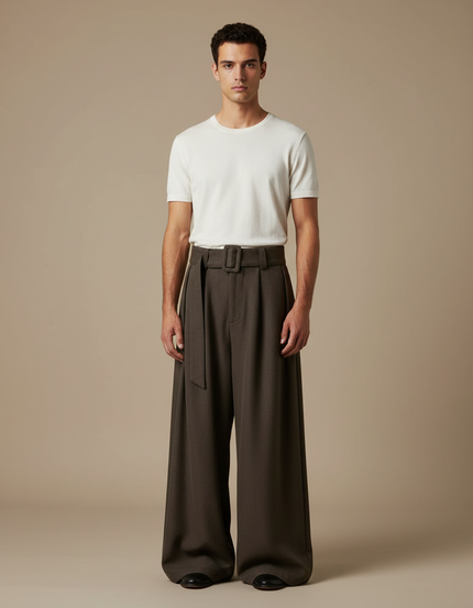 Pantalon Jupe Marron Ample Plissé Ceinturé Homme Décontracté - Laine