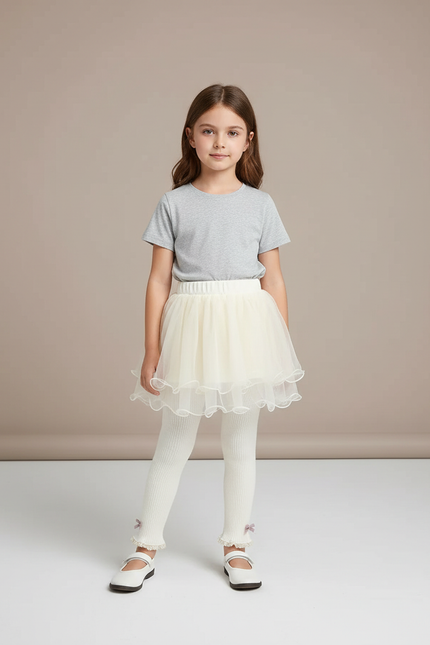 Pantalon Jupe Écru Tulle Superposé Nœuds Fille - Beige Maille