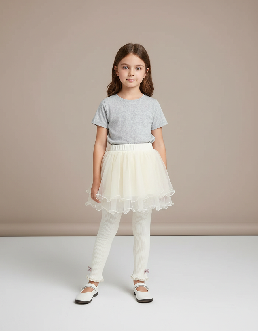 Pantalon Jupe Écru Tulle Superposé Nœuds Fille - Beige Maille