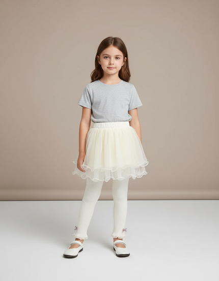 Pantalon Jupe Écru Tulle Superposé Nœuds Fille - Beige Maille