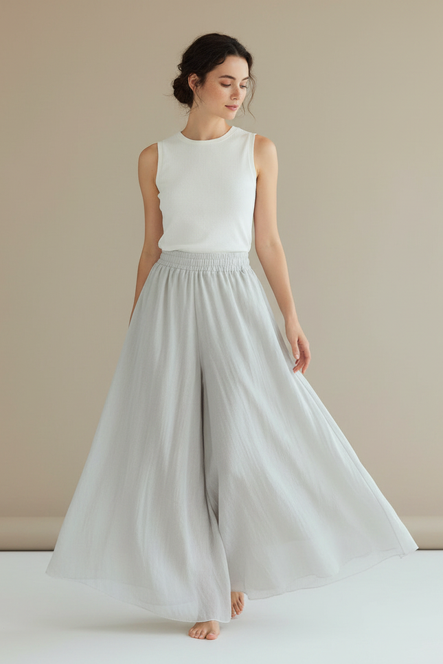 Pantalon Jupe Gris Lin Fluide Ample Élégant