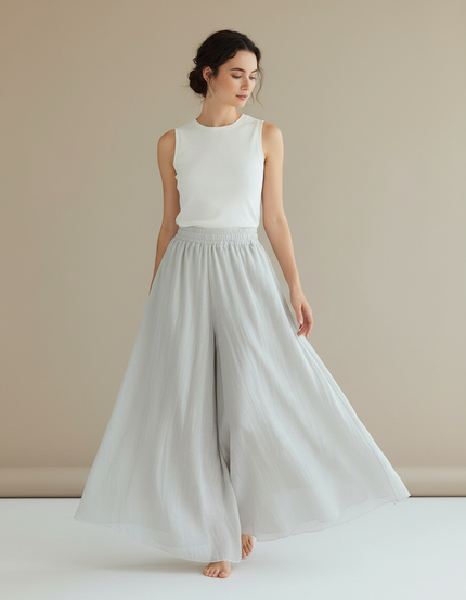 Pantalon Jupe Gris Lin Fluide Ample Élégant