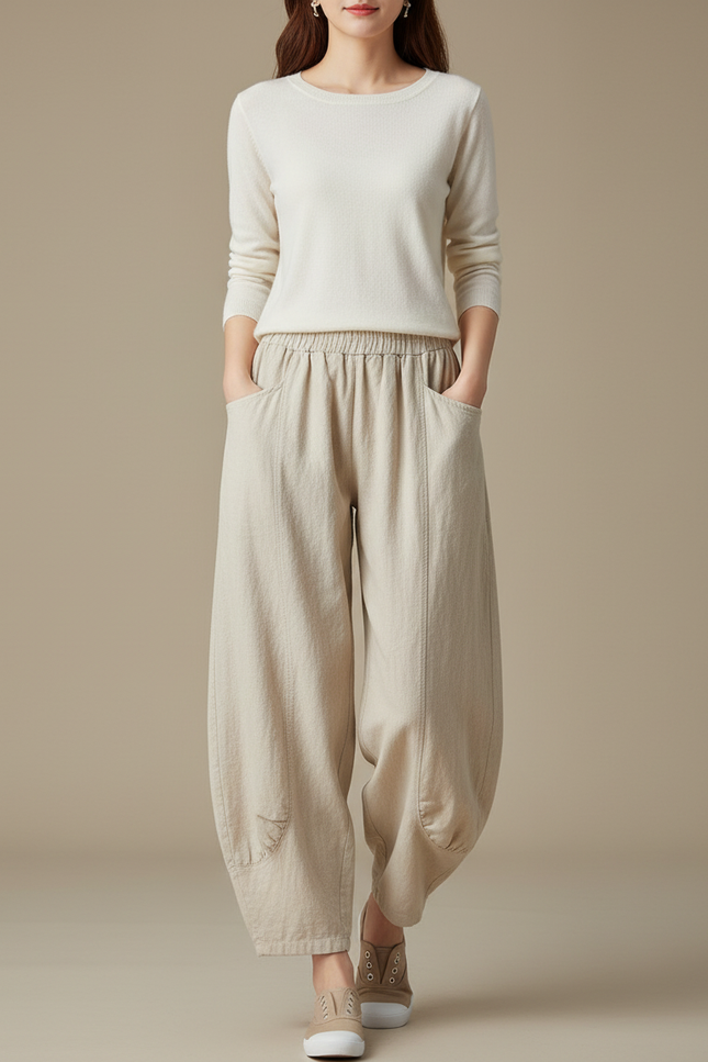 Pantalon Jupe Beige Lin Ample Décontracté Fluide
