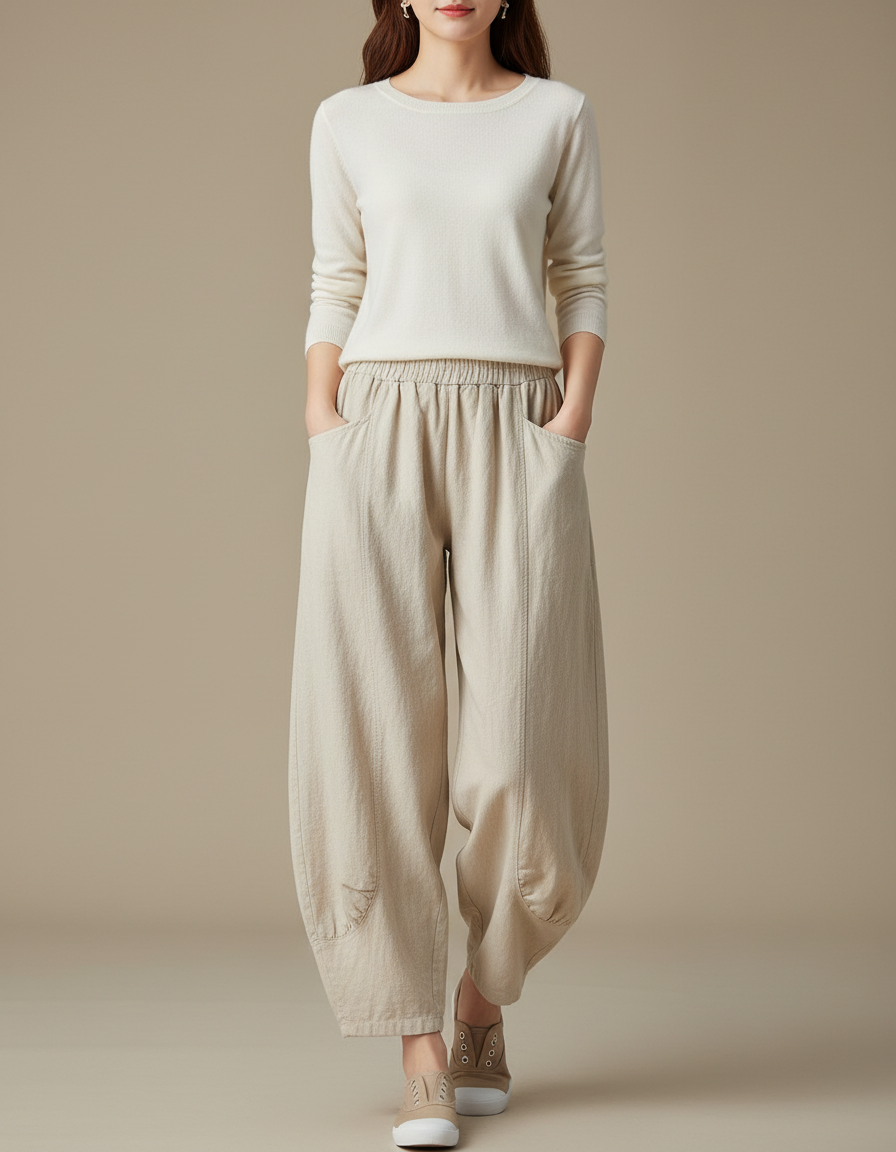 Pantalon Jupe Beige Lin Ample Décontracté Fluide