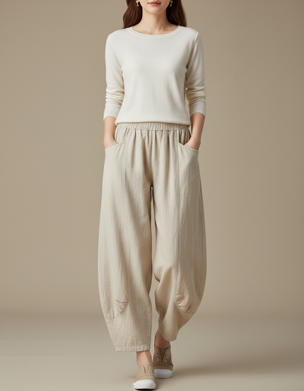 Pantalon Jupe Beige Lin Ample Décontracté Fluide