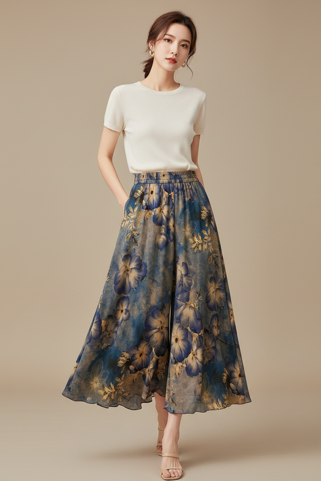 Pantalon Jupe Bleu Floral Ample Fluide Élégant - Viscose