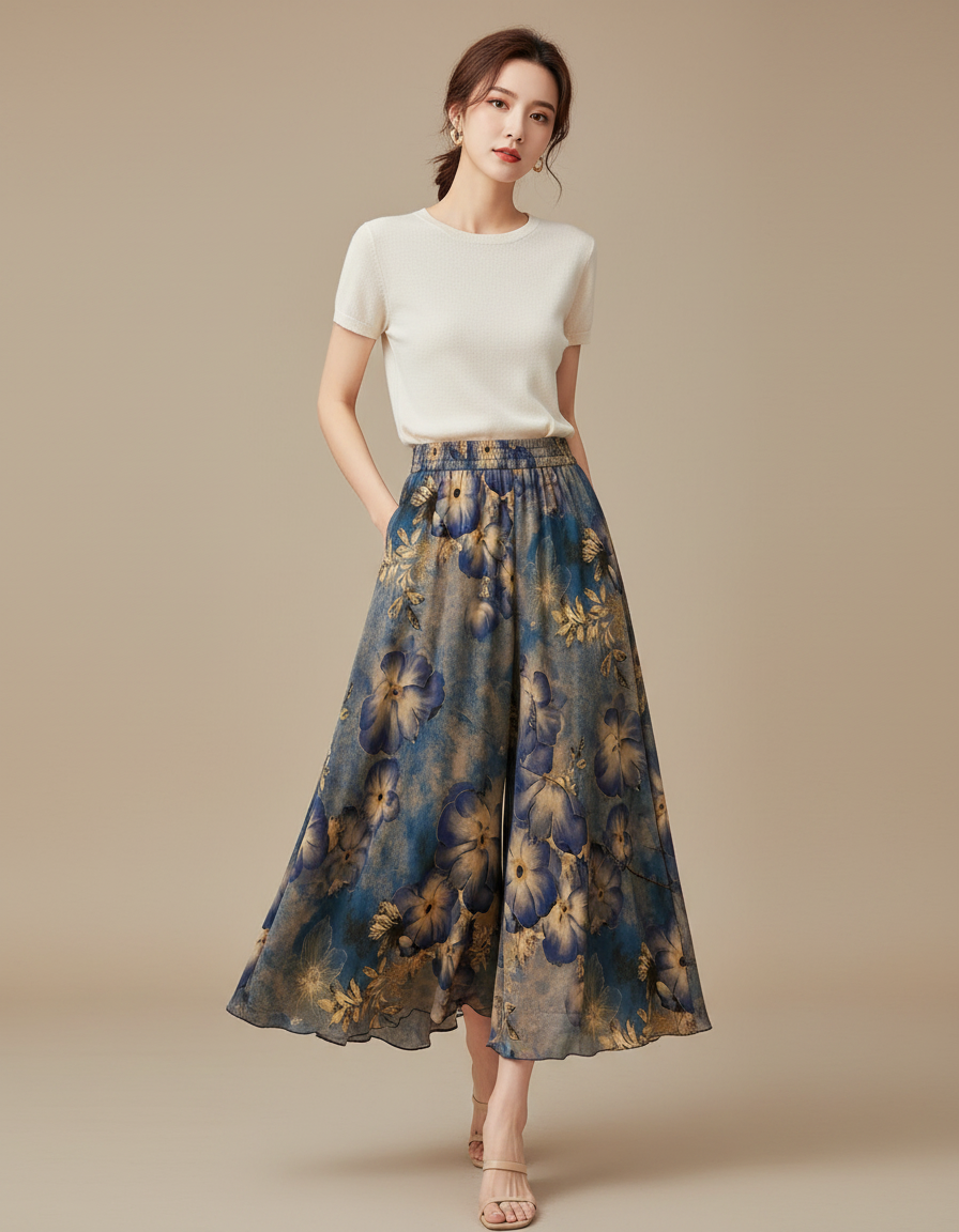 Pantalon Jupe Bleu Floral Ample Fluide Élégant - Viscose