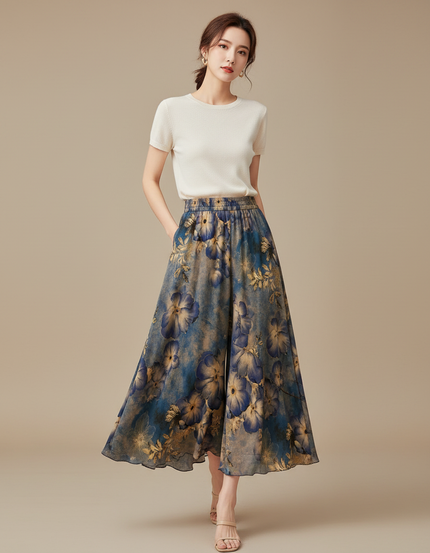 Pantalon Jupe Bleu Floral Ample Fluide Élégant - Viscose