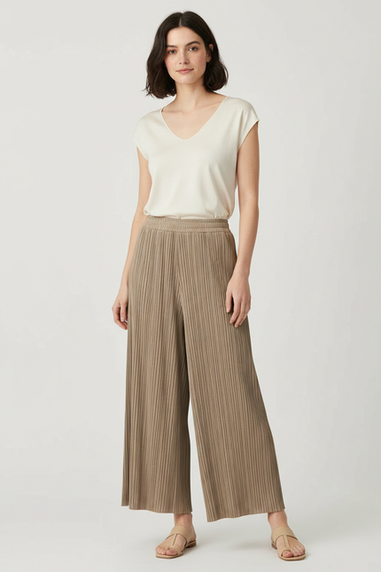 Pantalon Jupe Plissé Ample Marron Élégant Décontracté - Kaki Polyester