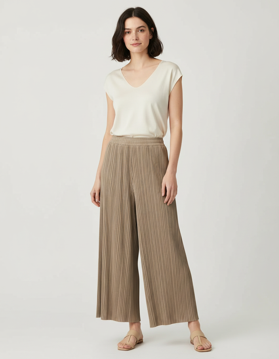 Pantalon Jupe Plissé Ample Marron Élégant Décontracté - Kaki Polyester
