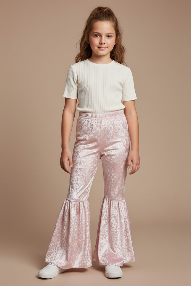 Pantalon Jupe Velours Rose Évasé Volants Fille